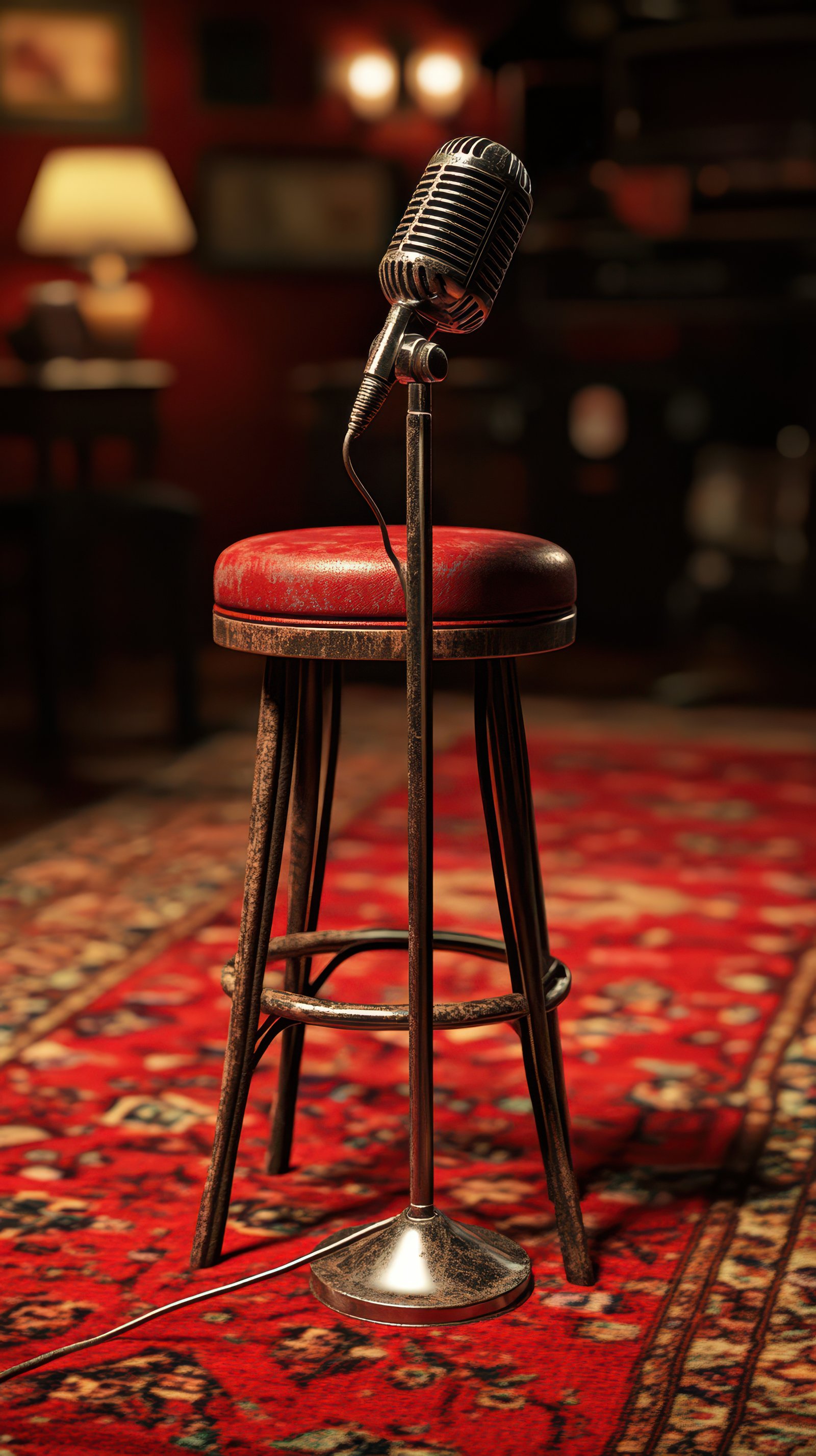 Vintage microphone on a wooden stool surrounded by warm lights in a cozy venue during an evening music session